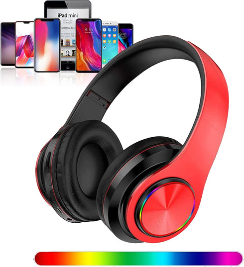 Bluetooth Over Ear Headphones with Microphone, Lightweight Wired/Wireless HiFi Stereo, Colorful LED Lights, Deep Bass