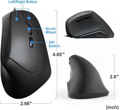 SANWA Wired Ergonomic Mouse, Optical Vertical Computer Mouse, 1000/1600 Adjustable DPI, Compatible with MacBook