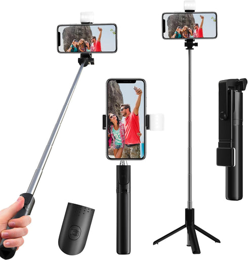 40 in Selfie Stick, Retractable Phone Tripod with Wireless Remote Control & Light, Compatible with All Cellphones