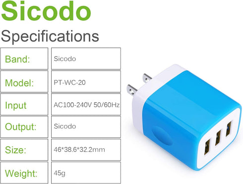 Sicodo Charger Plug, Charging Block 5-Pack 3.1Amp 3-Port USB Charger Cube for iPhone and Samsung Galaxy