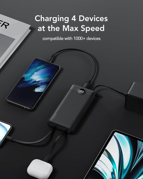 VRURC Portable Charger Power Bank, 10000mAh, 22.5W Fast Charging, Built-in USB-C Cable for iPhone 15, Black