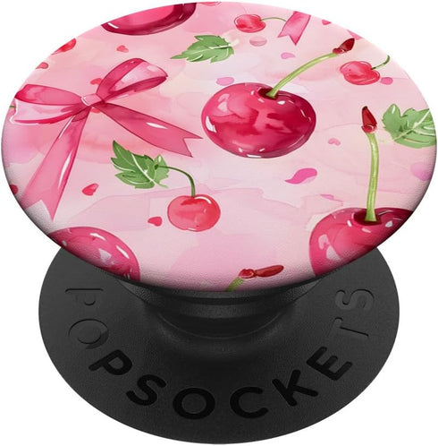 Pink Bow Cherry Pattern Coquette Girl Aesthetic PopSockets Standard PopGrip