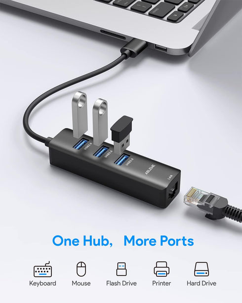 USB to Ethernet Adapter, ABLEWE 3 Ports USB 3.0 Hub with RJ45 1Gbps Gigabit Ethernet Adapter, for MacBook Air 2017, iMac, XPS, Surface Pro, Linux, Chromebook, Notebook and More - Black by ABLEWE