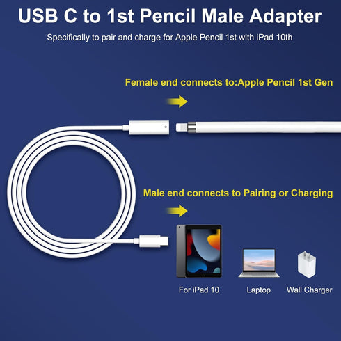 iMangoo USB-C Charging Adapter Cable 3.3 FT for Apple Pen iPencil Gen 1 Pencil 1st Generation with iPad 10 Tablet Support Bluetooth Pairing USB Type C Charger Male to Female Lightning Connector Cord