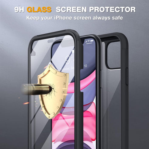 Miracase Glass Series for iPhone 11 Case, Upgraded Full-Body Rugged Bumper Case with Tempered Glass Protector, Black
