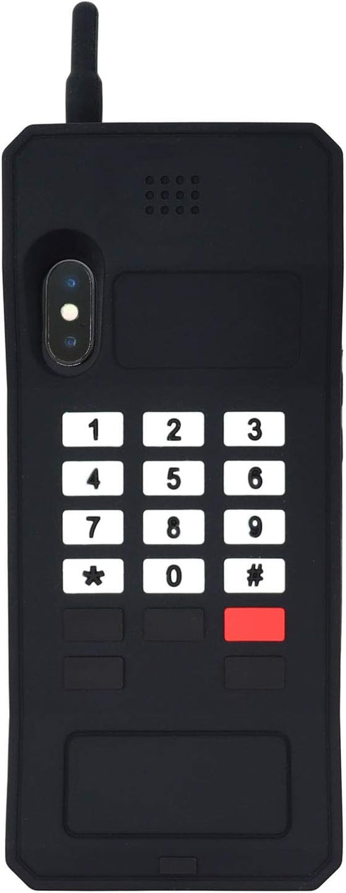 Cute Retro Classic Cellular Phone Case for iPhone X/Xs - Soft Silicone 3D Cartoon Cover, Black