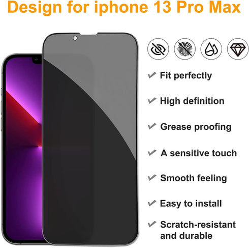 pehael [2+2 Pack iPhone 13 Pro Max Privacy Screen Protector with Camera Lens Protector Full Coverage Anti-Spy Tempered Glass Film 9H Hardness Upgrade Edge Protection Easy Installation Bubble Free
