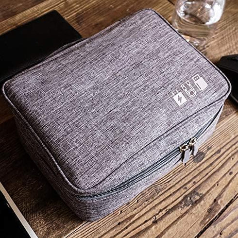 Water-repellent Cable Organizer Travel Case, Electronic Accessory Bag with Removable Dividers (Grey)
