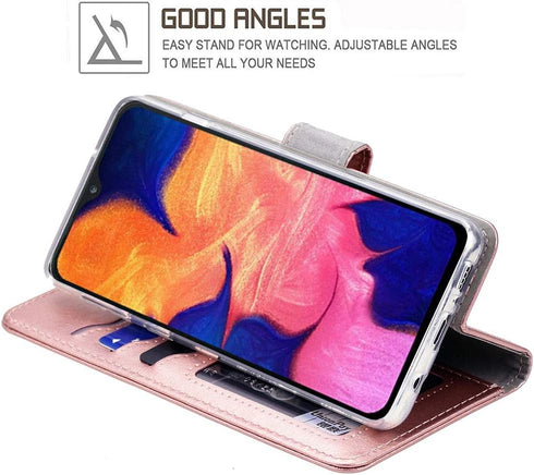 Galaxy A10E Wallet Case - Premium PU Leather Flip Cover with Card Slots & Kickstand, Rose Gold