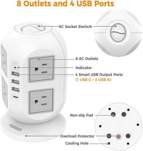 Tower Surge Protector Power Strip, 15 ft Long Flat Extension Cord with 8 AC Outlets and 4 USB Ports
