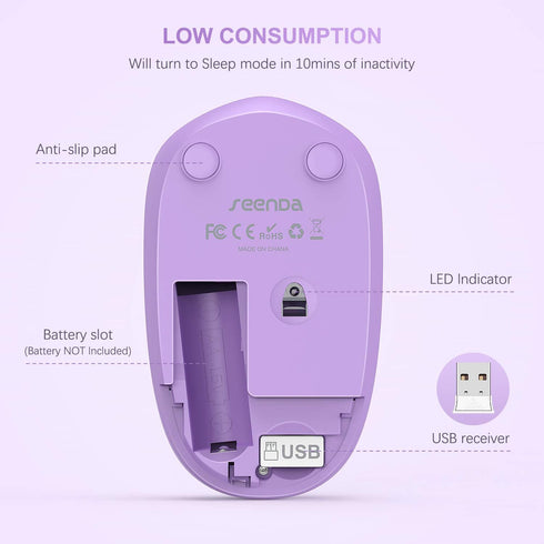 seenda Wireless Noiseless Mouse with USB Receiver for PC, Tablet, Laptop - Portable Cordless Mouse in Purple
