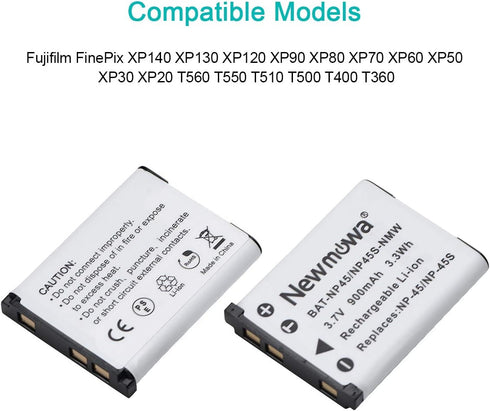 Newmowa NP-45 NP-45S Replacment Battery (2 Pack) and Dual USB Charger Kit for Fujifilm INSTAX Mini 90 and FinePix XP50 XP60 XP70 XP80 XP90 XP120 XP130 XP140 T350 T360 T400 T500 T510 T550 JX500 JX520