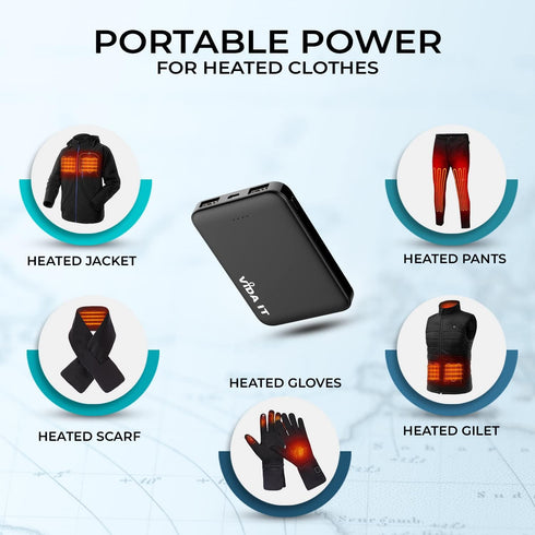 Mini Power Bank 5000mAh by Vida IT - Small Portable Charger for Heated Vest, iPhone, Samsung, Dual USB Output