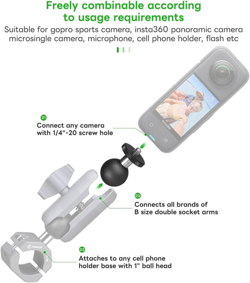 FANAUE GB-02 Aluminum 1" Ball Adapter with 1/4"-20 Threaded Stud, Compatible with RAM Mount B Size Double Socket Arm for Insta 360 Panorama Series and Motorcycle Riding Photography ect Sports Camera