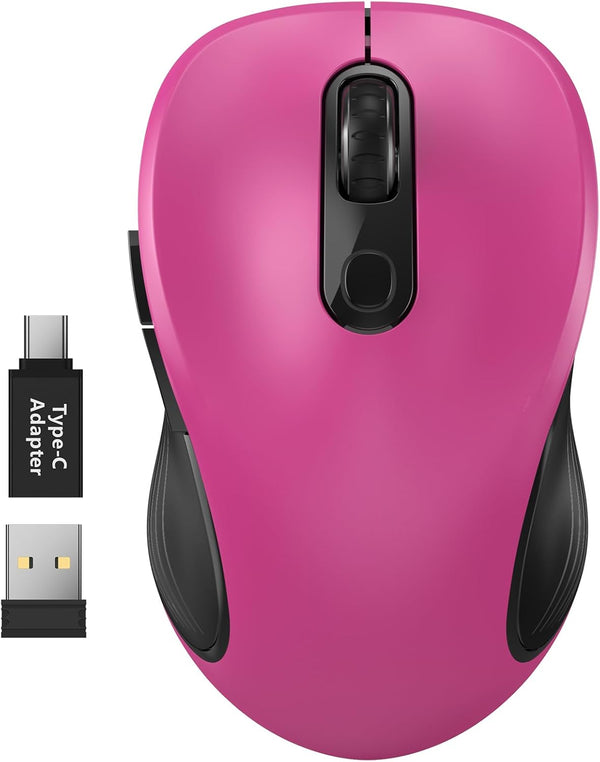 WisFox 2.4G Wireless Mouse, Fuchsia Ergonomic Computer Mouse with USB Receiver, Type-C Adapter, 6 Button Cordless