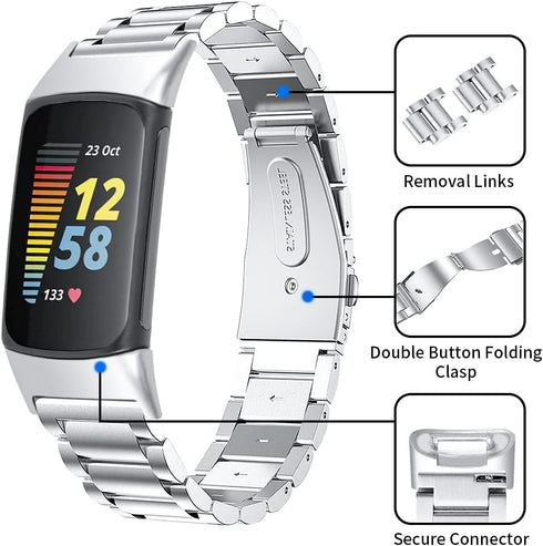 Metal Stainless Steel Bands for Fitbit Charge 6/Charge 5 - Replacement Classic Durable Link Strap
