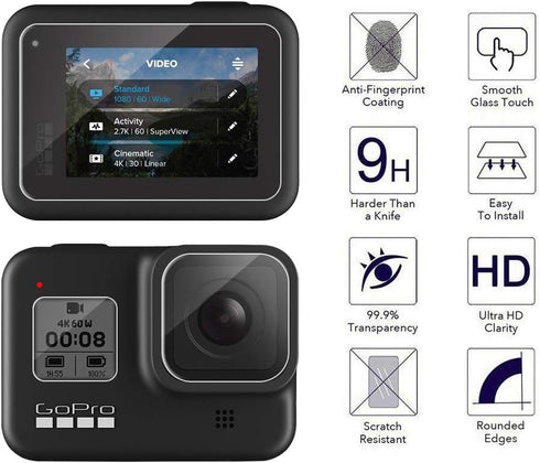 Orzero Tempered Glass Protector for GoPro Hero 8, 3Pcs Screen + 3Pcs Display Lens + 3Pcs Front Protectors