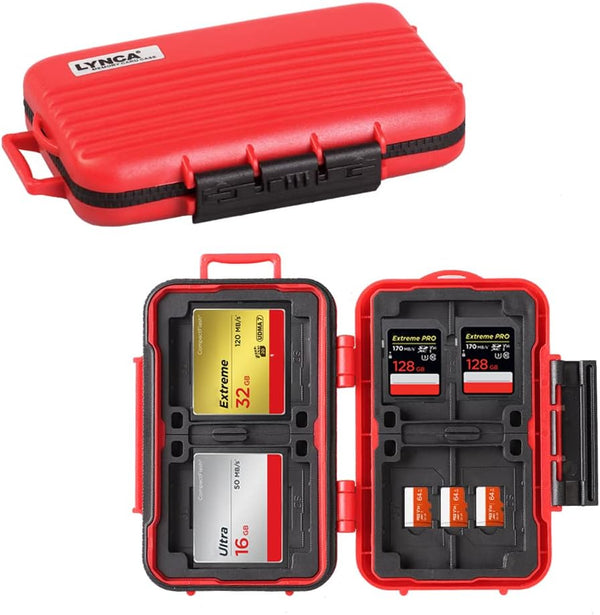 LYNCA Water-Resistant 24 Slots Camera Memory Card Case Holder for 8 SD Cards, 4 CF Cards, 12 Micro SD/TF Cards (Red)