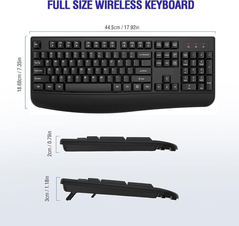 Wireless Keyboard, 2.4G Full-Sized Ergonomic Computer Keyboard with Wrist Rest for Windows, Mac OS, Laptop/PC/Desktop