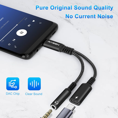 2-in-1 USB C to 3.5mm Headphone and Charger Adapter, Quick Charging Port to Aux Audio Jack for Google Pixel, Samsung