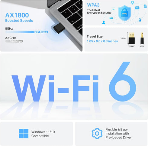 TP-Link Nano USB WiFi 6 Adapter for PC, AX1800 Dual-Band Wireless Network Transceiver for Desktop, Supports Windows
