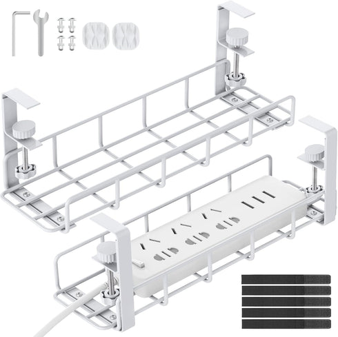 Under Desk Cable Management Tray, 15.7'' White Steel Cable Organizers, Wire Management Rack, 2 Pack