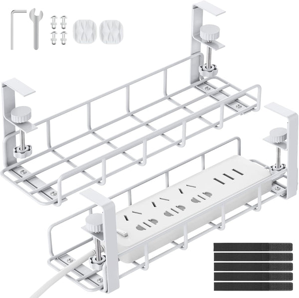 Under Desk Cable Management Tray, 15.7'' White Steel Cable Organizers, Wire Management Rack, 2 Pack