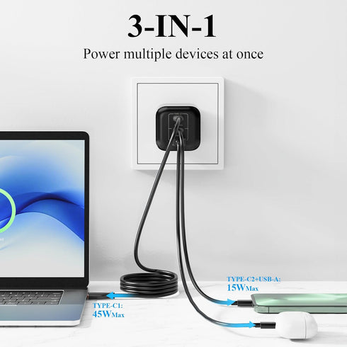 Minthouz 67W 3-Port 17/16/15, S25/S24, 3.9FT GaN Charger, Fast Charging Power Adapter with Type-C & USB-A, for iPhone