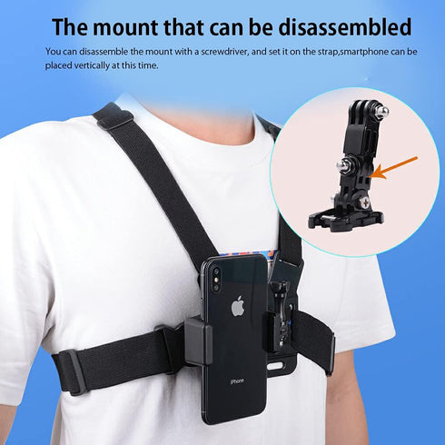 Mobile Phone Chest Mount Strap Holder, Anti-Slide Strap Mount for Phone 360 Degree Rotary for Video Recording Camera