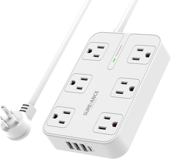 Surge Protector Power Strip - 6 Outlets, 3 USB-A, 1 USB-C, 1050J, 6FT Flat Plug Extension Cord, ETL Certified