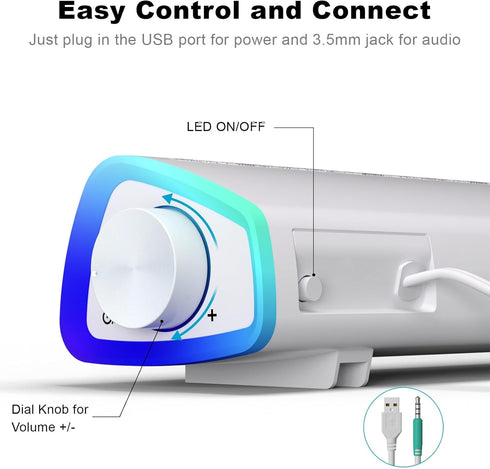 SOULION R30 Computer Speakers, USB Powered 3.5mm AUX Small Speakers with Colorful LED Lights for Desktop Laptop White