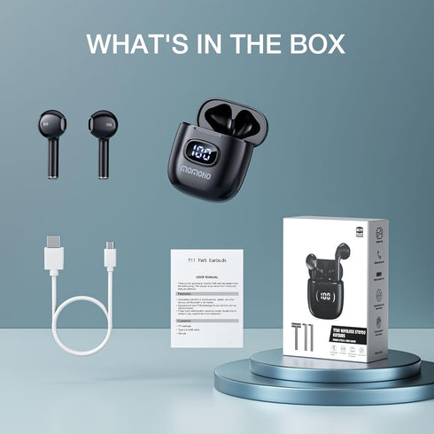 T11 Wireless Earbuds with LED Power Display for iPhone Android, 50H Play Time, Waterproof Bluetooth Mic (Black)