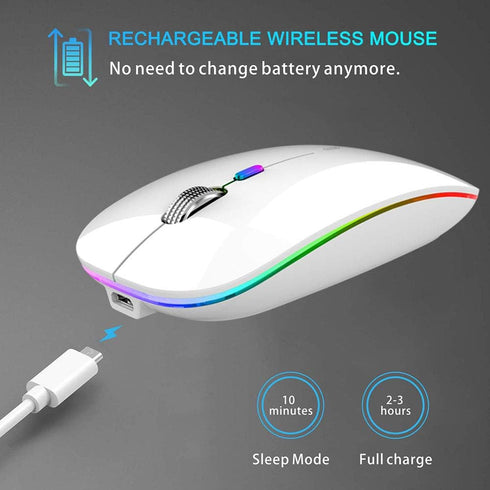 TENMOS Wireless Bluetooth Mouse, LED Slim Dual Mode Rechargeable Silent Mouse with Type C Adapter