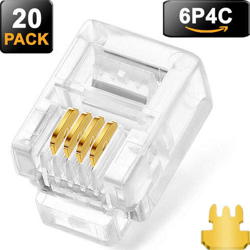 NECABLES 20-Pack RJ11 6P4C Telephone Modular Plug Connector for Phone Line Cord, Solid and Stranded Wire Compatible