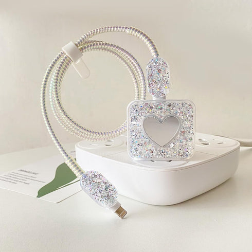 Cable Protector for iPhone Charger, Sparkle Love Heart Design for Women, Luxury Soft Data Line Cover (Silver)