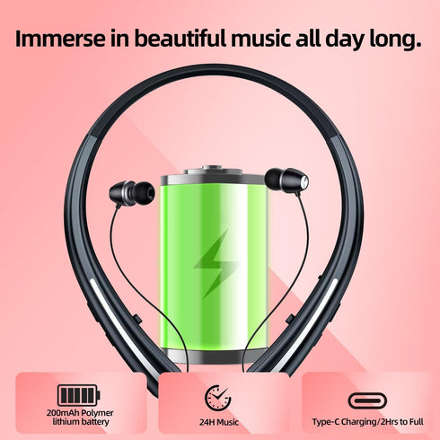 ZHAOGE Headset IPX5 Bluetooth Headphones Neckband, Retractable Wireless Sports Earbuds Noise Cancelling Stereo