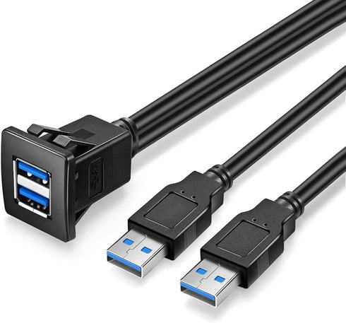 Dual USB3.0 Square Flush Mount - 1M 3ft Extension Mount for Car, Boat, Motorcycle, Dash, Panel