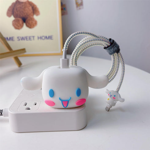 3D Cute Cartoon Charger Protector Case - Compatible for Apple 20W USB-C Power Adapter and Lightning Cable (White Dog)