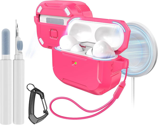 MATEKXY AirPods Pro Case with Cleaner Kit, Shockproof Cover with Lanyard & Keychain, Compatible with MagSafe - Pink
