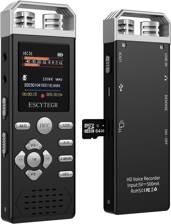 Escytegr 80GB Digital Voice Activated Recorder 1536KBPS Audio Voice Recorder with Playback Recording
