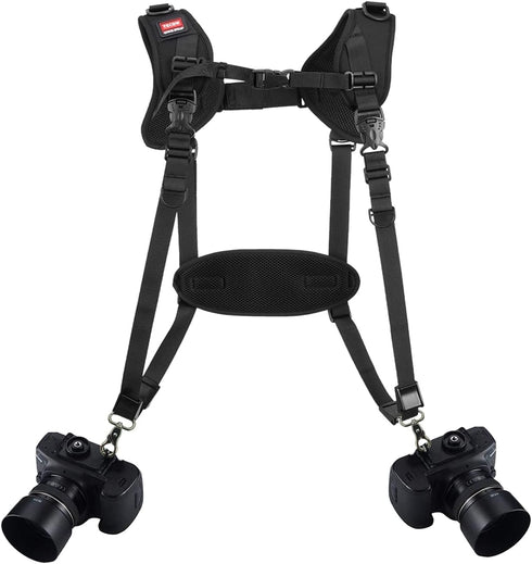 Quick Release Dual Camera Harness with Safety Tether, Adjustable Length for 2 Cameras, DSLR SLR Strap