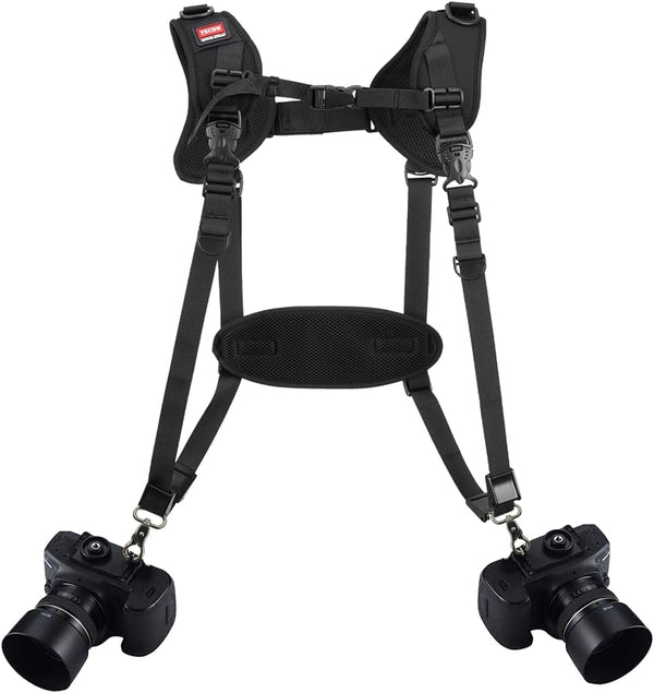 Quick Release Dual Camera Harness with Safety Tether, Adjustable Length for 2 Cameras, DSLR SLR Strap