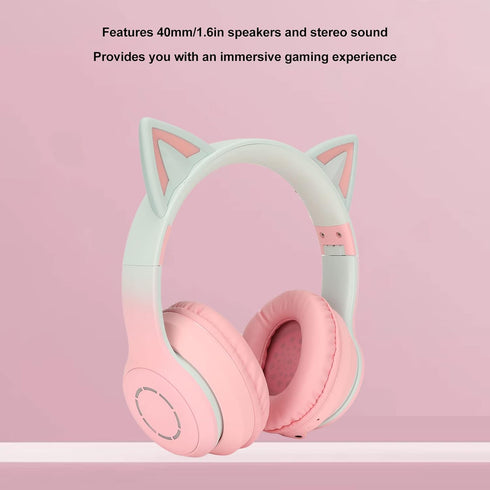 KUIDAMOS Cat Ear Headphones with Detachable Microphone, 7 Colors LED Lights, Foldable Over Ear Headphones, BT and Wired