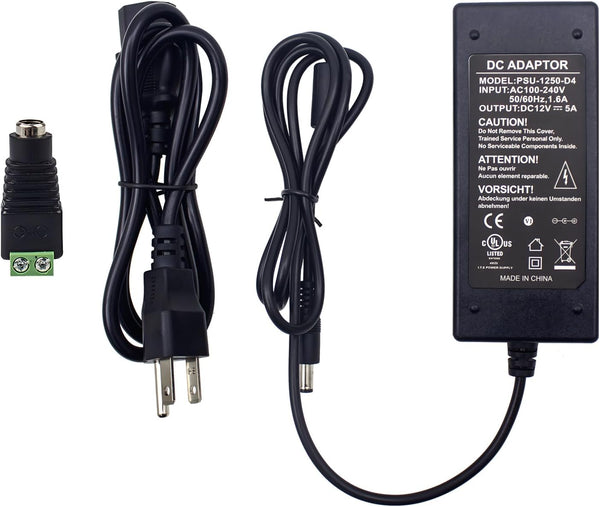 UL Listed DC 12V 5A Power Adapter, AC100~240V to DC Output 12V 5A Power Supply, 5.5mmx2.5mm Plug for LED Light Bar