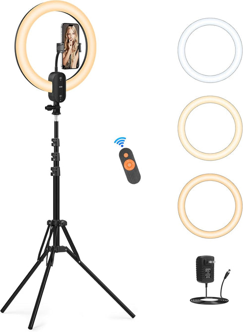 12" Selfie Ring Light with 63" Tripod Stand/Phone Holder, QEUOOIY 20W LED Circle Lights for Vlog, Makeup, YouTube
