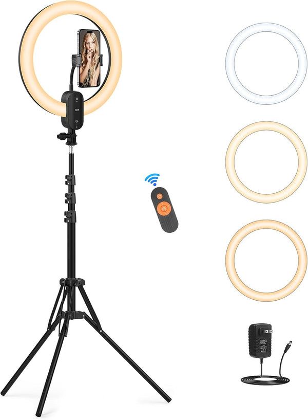 12" Selfie Ring Light with 63" Tripod Stand/Phone Holder, QEUOOIY 20W LED Circle Lights for Vlog, Makeup, YouTube