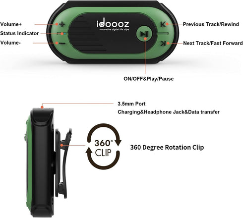 idoooz MP3 IPX8 Swimming Swimming, Waterproof Player, Music Player with Clip, Underwater Music Player with Headphones