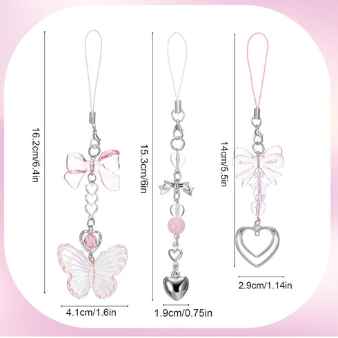 Mabor 3Pcs Y2K Pink Cell Phone Charms Cute Butterfly Heart Bow Shape Cellphone Case Charm Strap Aesthetic Accessories