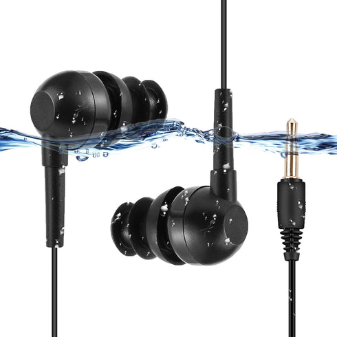 AGPTEK IPX8 Waterproof Black In-Ear Earphones with Coiled Cable & Stereo Audio Extension for Swimming.