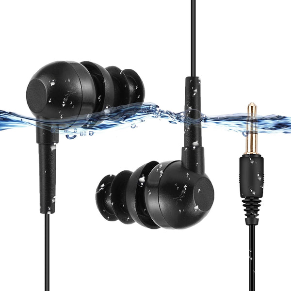 AGPTEK IPX8 Waterproof Black In-Ear Earphones with Coiled Cable & Stereo Audio Extension for Swimming.